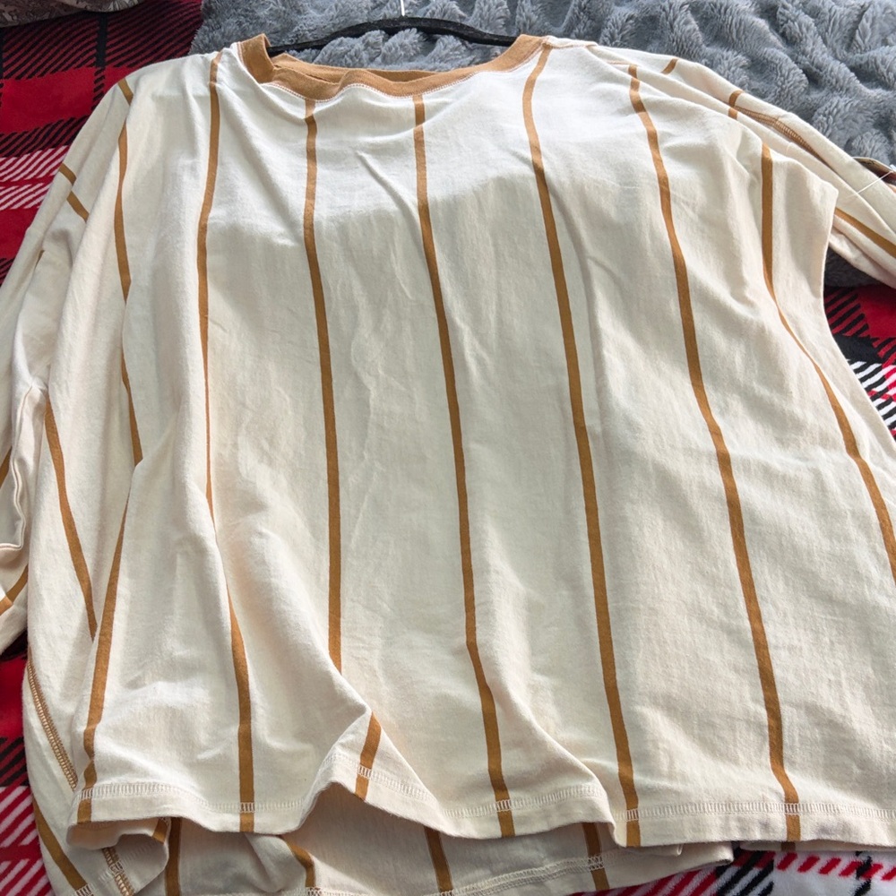 FP Movement by Free People Cream and Tan Striped Long Sleeve Tee